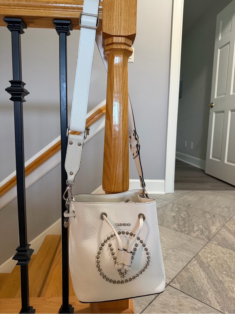 Valentino White Leather Drawstring Bucket Bag with Stud Circle